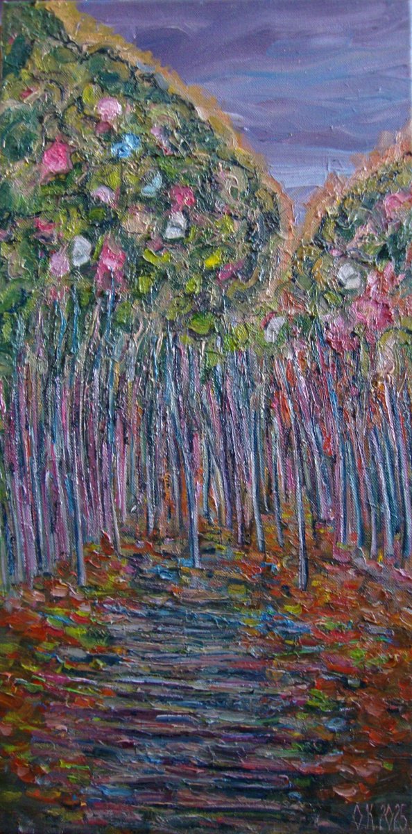 Abstract Landscape Oil Painting By Olga Knezevic, 12 X 24", Forest Fairytale, Original Artwork