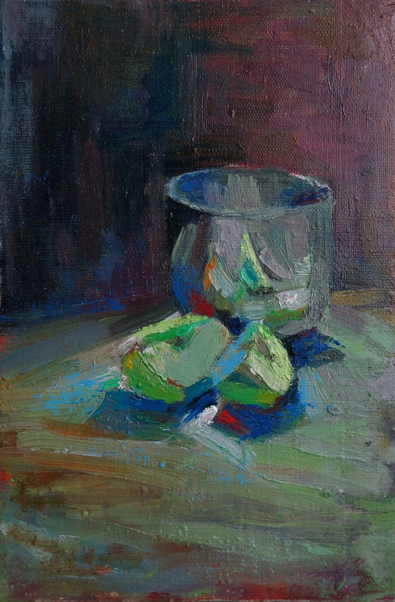 Impressionistic Still Life Oil Painting By Kamsar Ohanyan, 8 X 12", Glass And Sliced - ? - ?Apples, Original Artwork