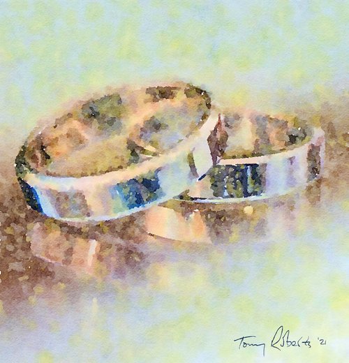 Watercolour on silk - 'Two golden rings' by Tony Roberts