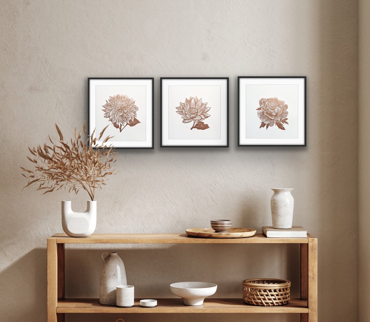 Botanical Linocut By Amy Cundall, 12 X 12, Floral Triptych Linocuts, Original Artwork