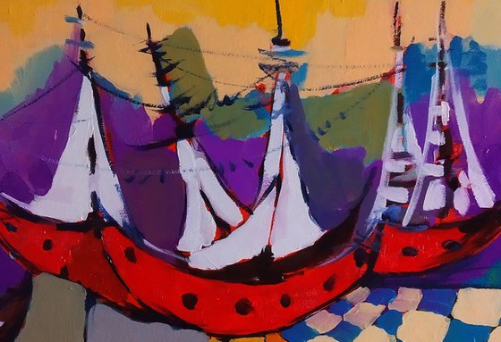 Abstract-boats (40x60cm, oil painting, ready to hang)