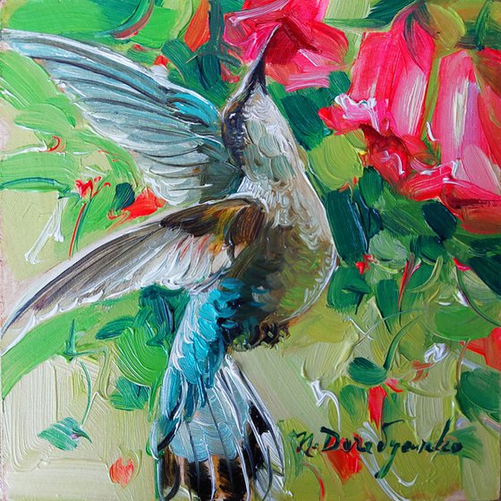 Hummingbird art oil painting original framed 4x4, White hummingbird green painting miniatures, Bird wedding gift