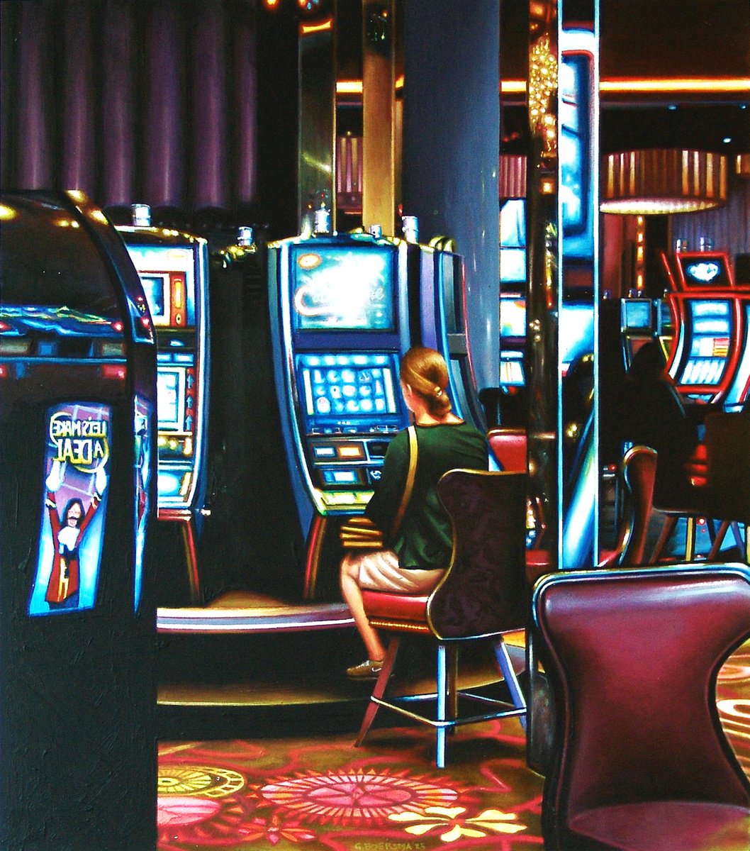 Photorealistic Portrait Acrylic Painting By Gerard Boersma, 21 X 24, Las Vegas Casino, Original Artwork