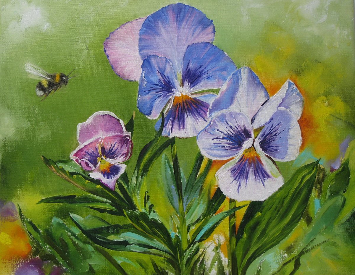 Impressionistic Landscape Oil Painting By Natalia Shaykina, 9 X 7", Pansy, Original Artwork