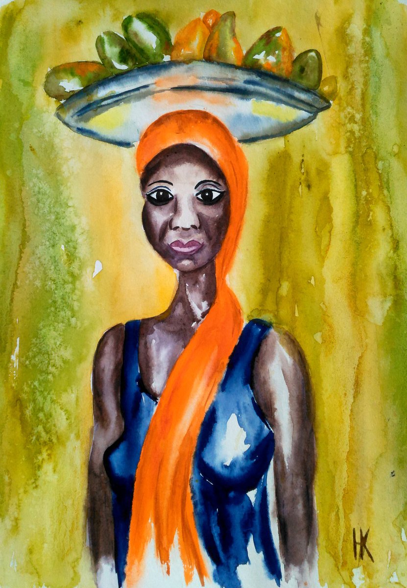 African Painting Female Portrait Original Art African Queen Watercolor Woman Portrait Artw... by Halyna Kirichenko