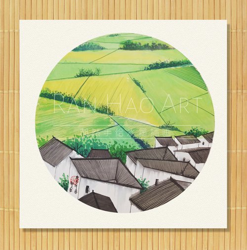 RAN ART - Chinese painting 38*38cm - Countryside view by RAN HAO