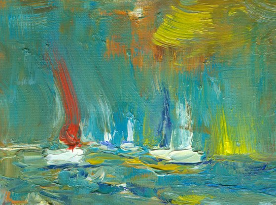 Yacht racing | Windy sailing day at sea artwork in green and ocher