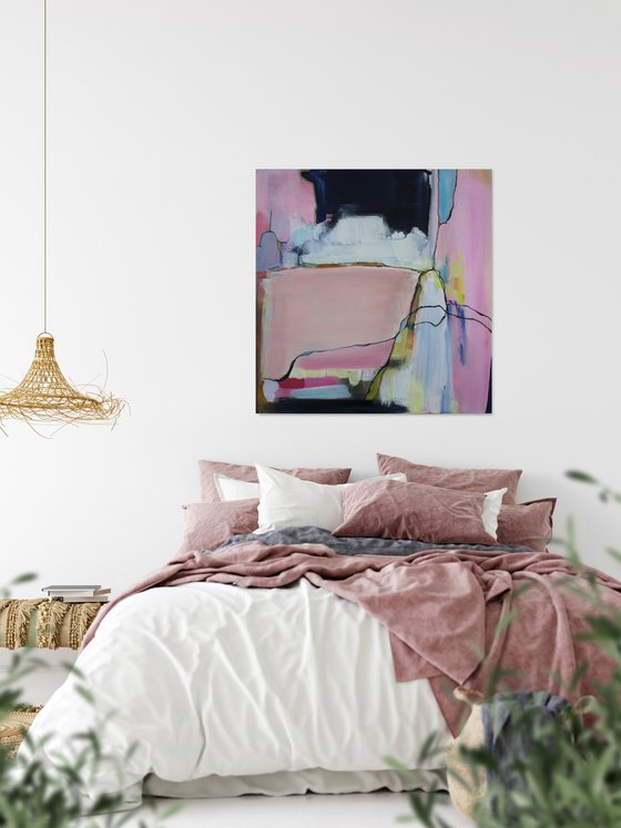 Pink White and Indigo Modern Abstract - Square Painting