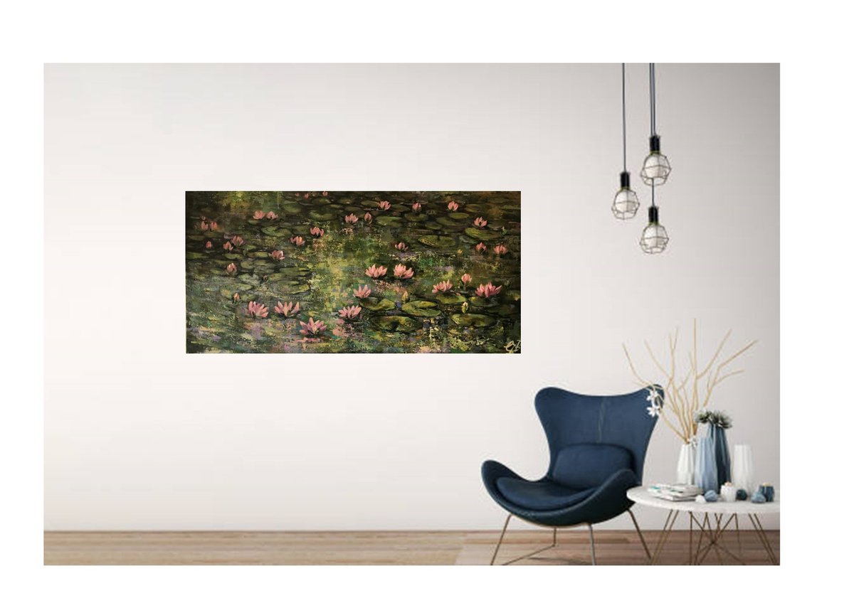Impressionistic Botanical Acrylic Painting By Colette Baumback, 47 X 24, Lily Pond No5, Original Artwork