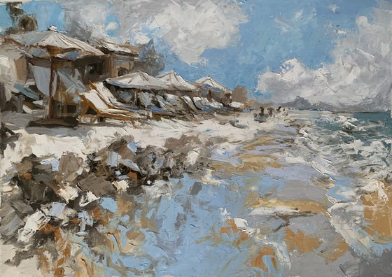 Grey Beach Day. Parasols.#2