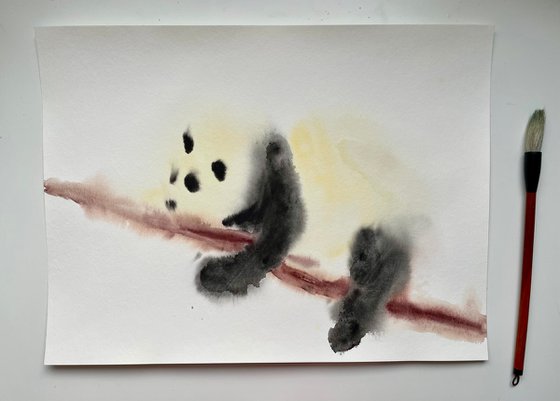 Panda Original Watercolor Painting, Animal Nursery Art, Abstract Wall Art, Bear Illustration