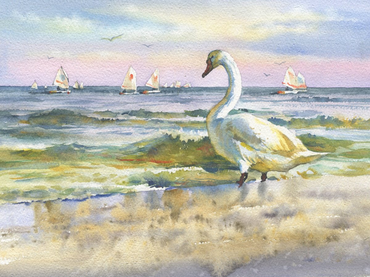 Expressive Landscape Watercolour By Samira Yanushkova, 15 X 11", Seascape Sea And Birds, Original Artwork