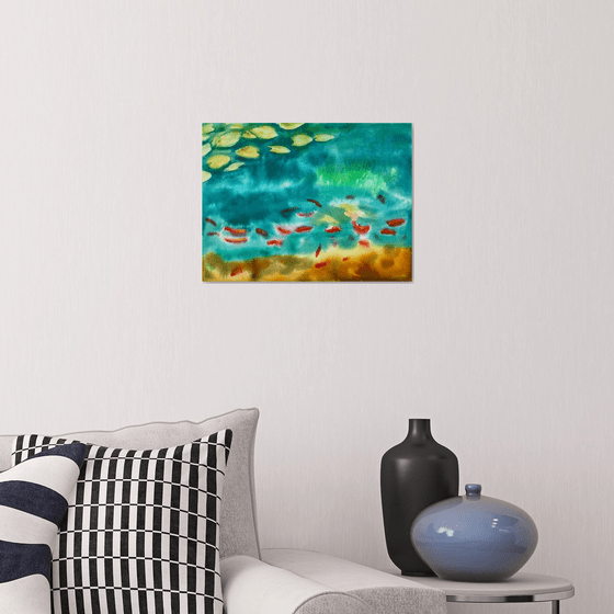 Fishes Pond Watercolour Painting, Abstract Landscape Original Art, Green Wall Art