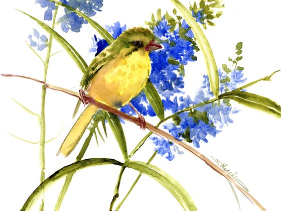 Canary Bird and Blue Flowers