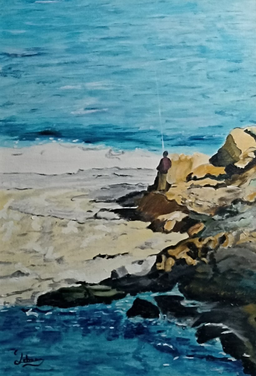 Impressionistic Landscape Oil Painting By Isabelle Lucas, 15 X 22, Fisherman, Original Artwork