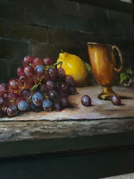 Lemon, Copper Cup and Grapes, Still Life Original Oil Painting on Wood by Nina R.Aide