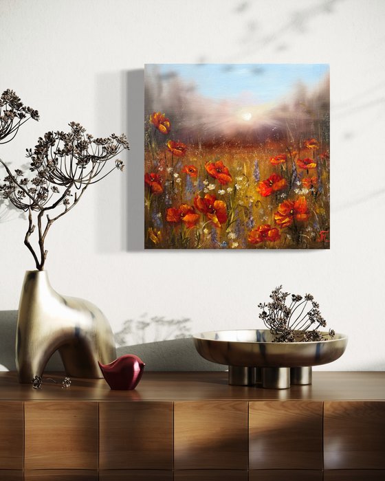 Sunset with red poppies