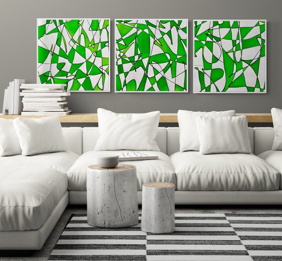 Abstract No. 14320 green & white  -set of 3