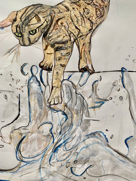 Underwater Animals Painting for Home Decor, Cat Portrait Art Decor, Artfinder Gift Ideas