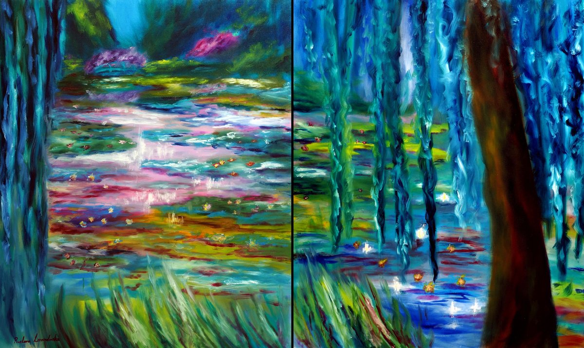 Impressionistic Landscape Oil Painting By Ruslana Levandovska, 60 X 36", Monet Japanese Garden Diptych, Original Artwork