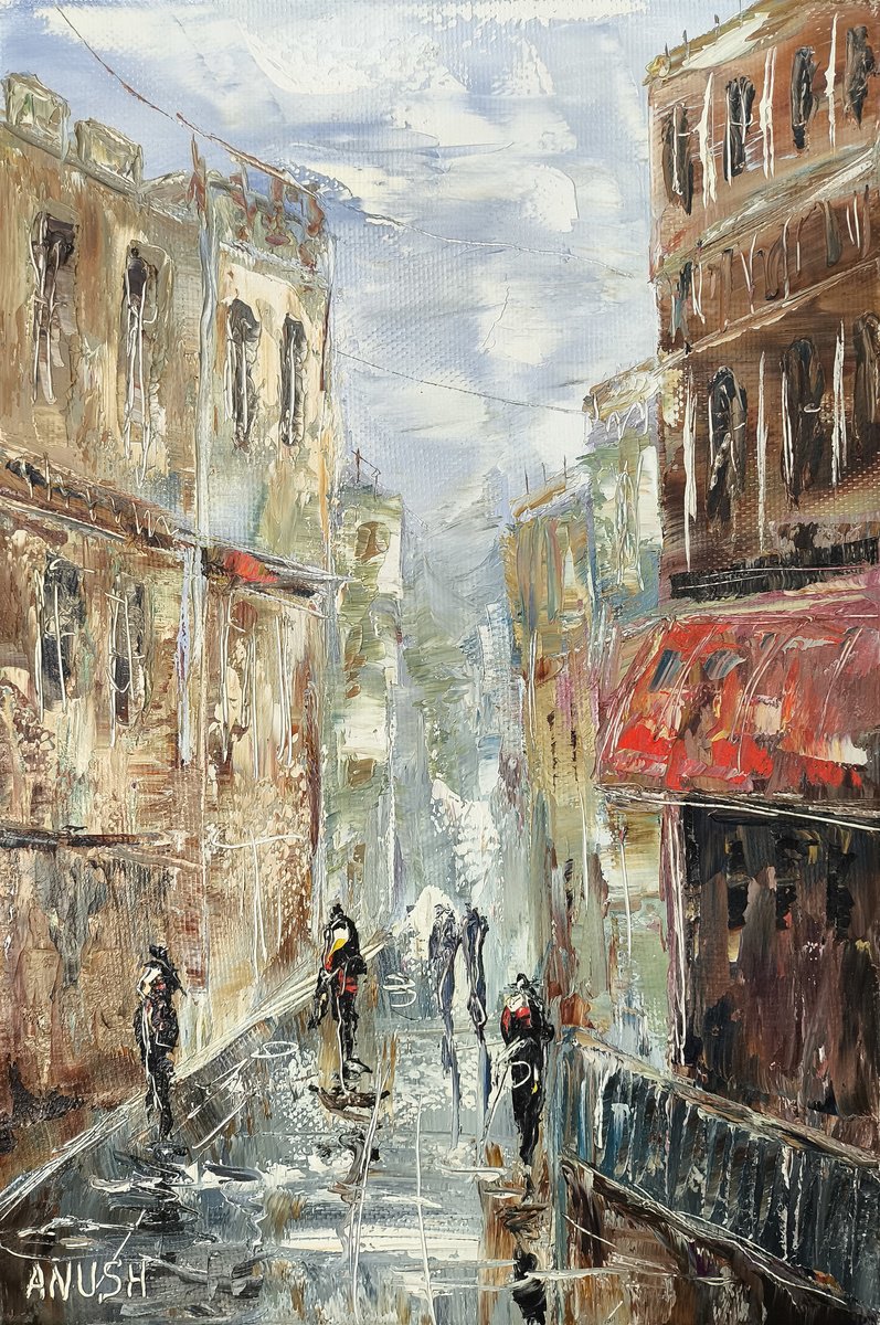 Impressionistic Cityscapes Oil Painting By Anush Emiryan, 16 X 24, Rainy Day Reflections, Original Artwork