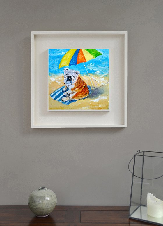 English bulldog on the beach