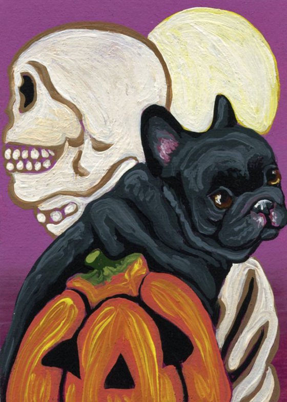 ACEO ATC Original Miniature Painting Halloween French Bulldog Art-Carla Smale