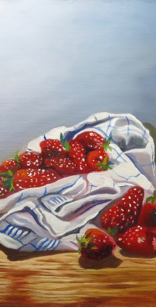 Strawberries and Tea Towel by Anne Zamo