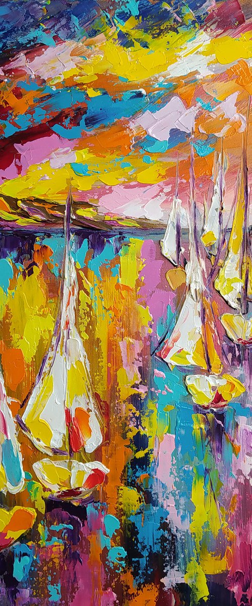 Сolored sea - yacht, oil painting, yacht club, sea with yachts, yacht original painting, seascape, sea with yachts, yacht original painting, gift, impressionism, palette knife by Anastasia Kozorez