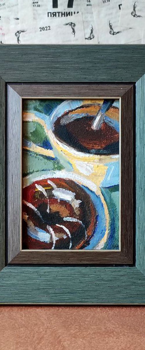 Coffee and Donut. Oil Painting. by Natalia Miasnikova