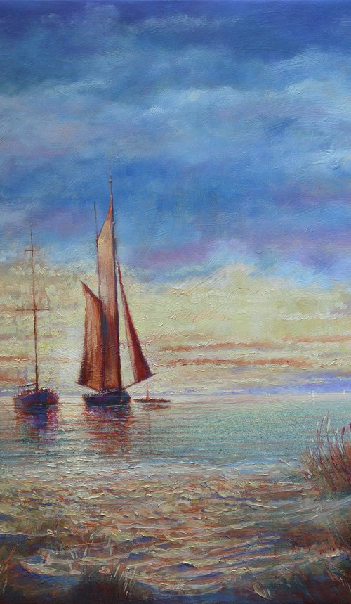 Sunrise in the Bay:linen, oil, 79x109 by Rakhmet Redzhepov