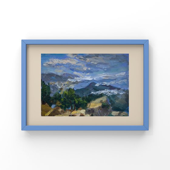 "Sunset in Crimea mountains", 18*24cm, impressionistic oil mountains landscape etude painting