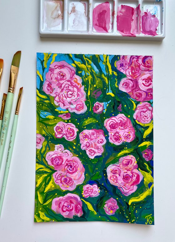 Roses Original Gouache Painting, Pink Flower Wall Art, Cottagecore Home Decor