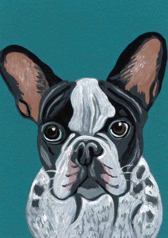 ACEO ATC Original Miniature Painting Pied French Bulldog Pet Dog Art-Carla Smale