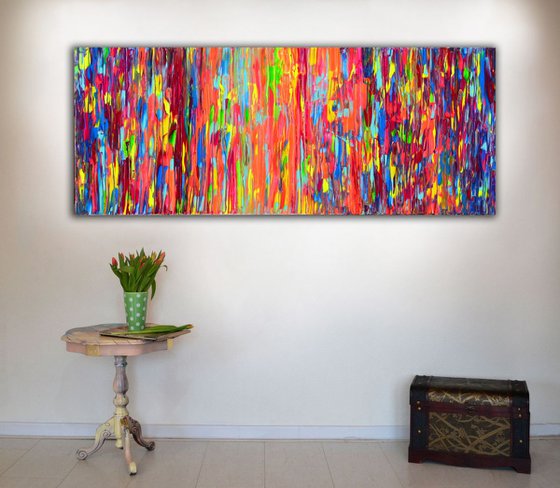 Pink-Orange Spring Moon - 150x60x2 cm - Big Painting XXXL - Large Abstract, Supersized Painting - Ready to Hang, Hotel Wall Decor