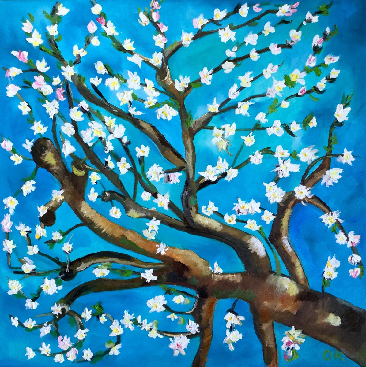 Almond blossom on turquoise inspired by Vincent Van Gogh oil painting ready to hang by Olga Koval