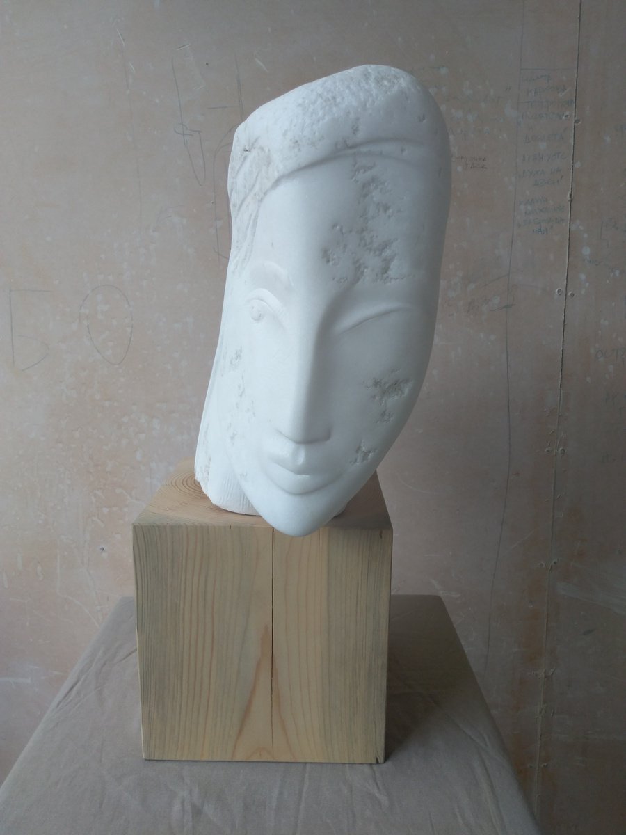 Impressionistic Portrait Stone Sculpture By Rasho Mitev, 7 X 17", "Portrait Of A Girl", Original Artwork