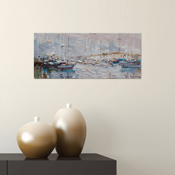 Sailing yachts in marina at sunrise Original seascape painting