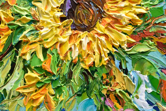 Sunflower in the garden - Original Floral Painting on Canvas, Palette Knife Art, Textured Impasto Artwork