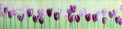 Tulips in the garden - minimalist painting framed by Cristina Stefan