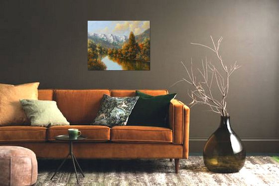 "THE MOUNTAIN RIVER" oil on canvas, landscape, SPECIAL DISCOUNT