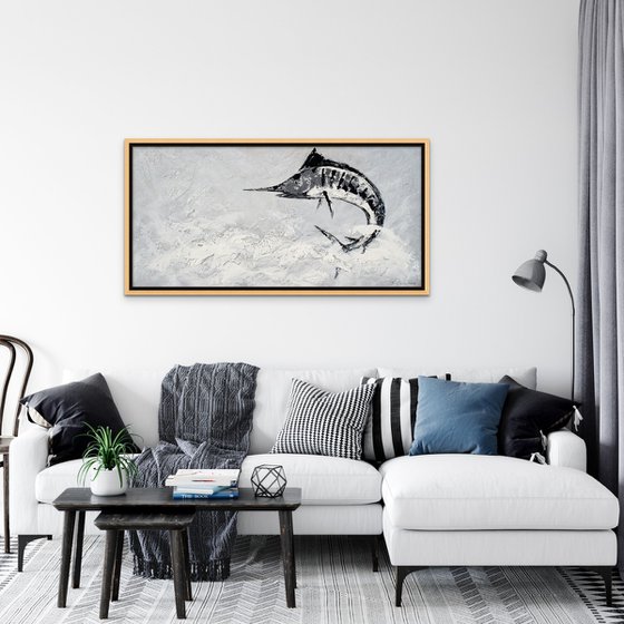 OCEAN SURPRISE II. Large Gray Abstract Painting of Fish Jumping out of the Water