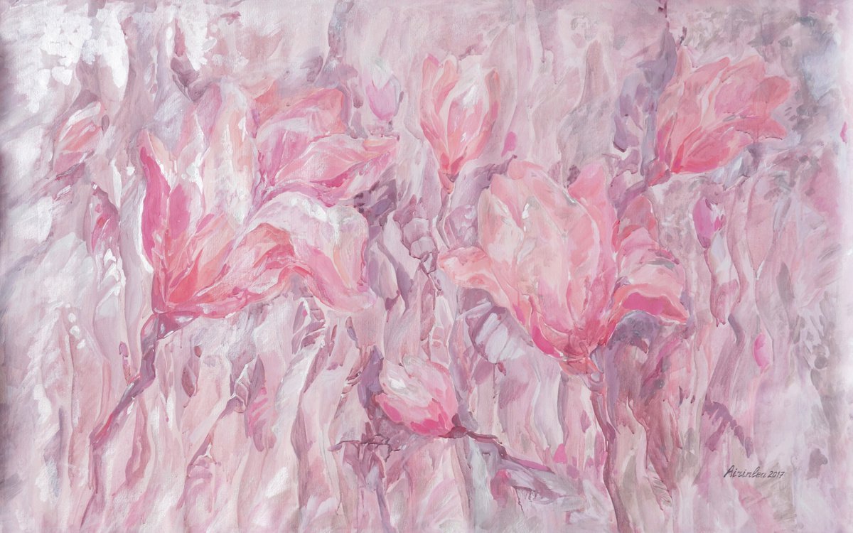 Pink Magnolia large painting acrylic and pearl  100x160 cm unstretched canvas Flowers i0... by Airinlea