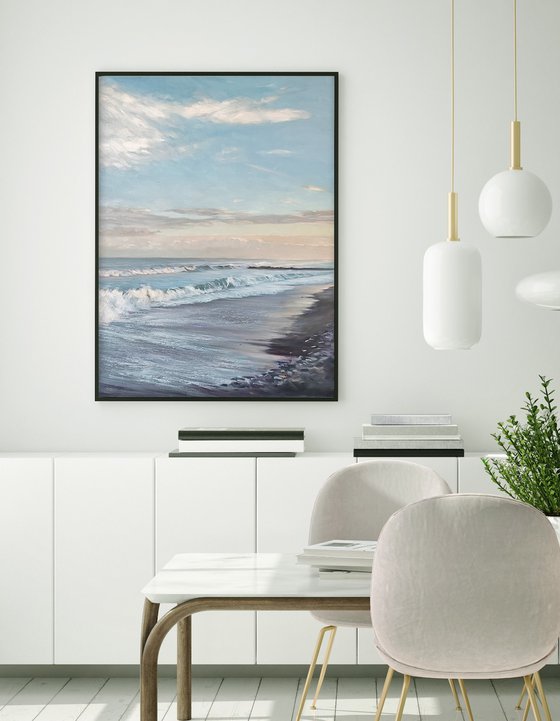 "Sea" Blue white seashore oil art