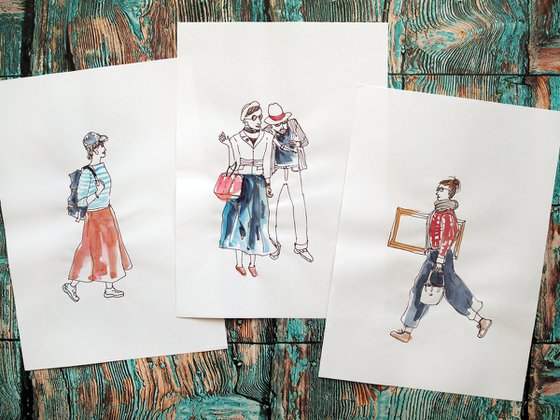 Set of 3 sketches with people - artist, tourist and extravagant pair