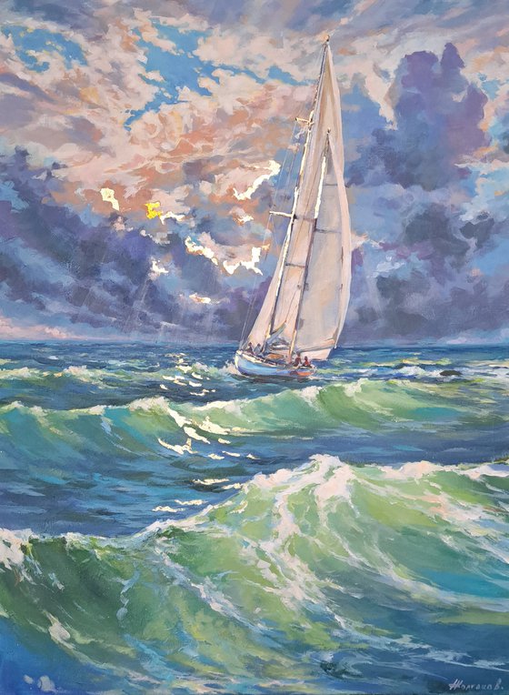 "Sailing into the sun", (18x24x0.7") Original, one of a kind, acrylic and golden leaf on canvas impressionistic style painting