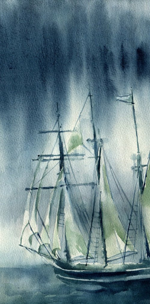 "The storm will die down" - Sea romantic watercolor landscape with a sailboat against the backdrop of a dramatic sky by Ksenia Selianko
