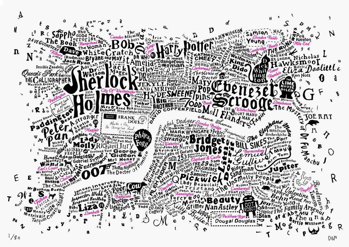 Literary Central London Map (black and fluoro red screenprint, 2019) by Dex