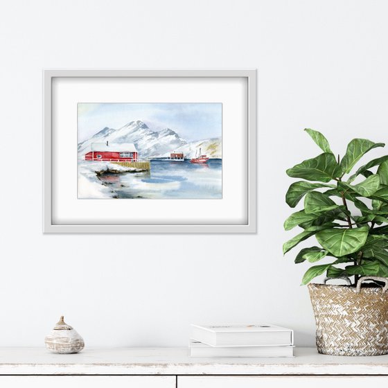 Scandinavian landscape with a red house by the sea. Original watercolor.