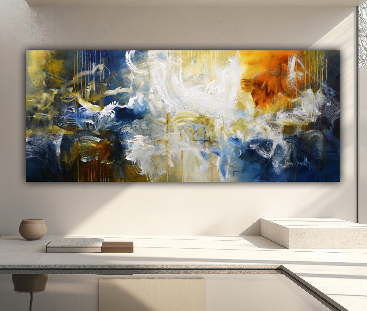 Abstract Acrylic Painting By Andrada Anghel, 60 X 24, Waterfall Sunset, Original Artwork